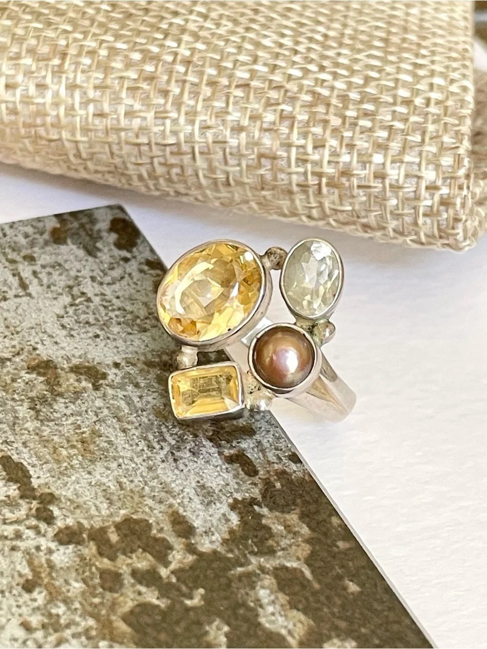 925 Sterling Silver Natural Multi-Gemstone Ring Citrine, Quartz & Pearl  us:8